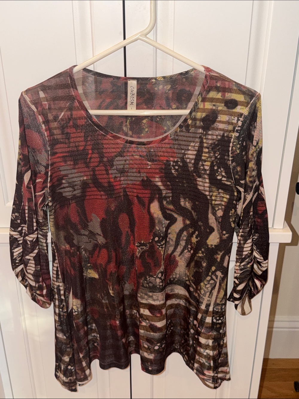 Casual Red Multi-Print Scoop Neck Long Sleeve Top